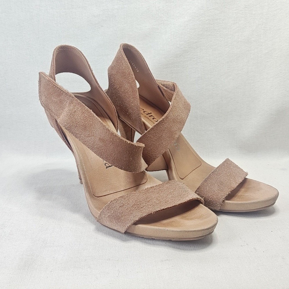 Pedro Garcia West Asymmetrical Midi Sandal Heels Tan Beige Suede EU 38 US 8